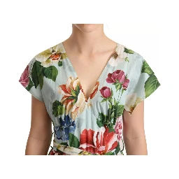 Green Floral Short Sleeves Cotton V-neck Dress