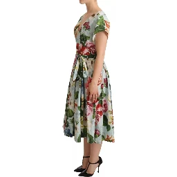 Green Floral Short Sleeves Cotton V-neck Dress