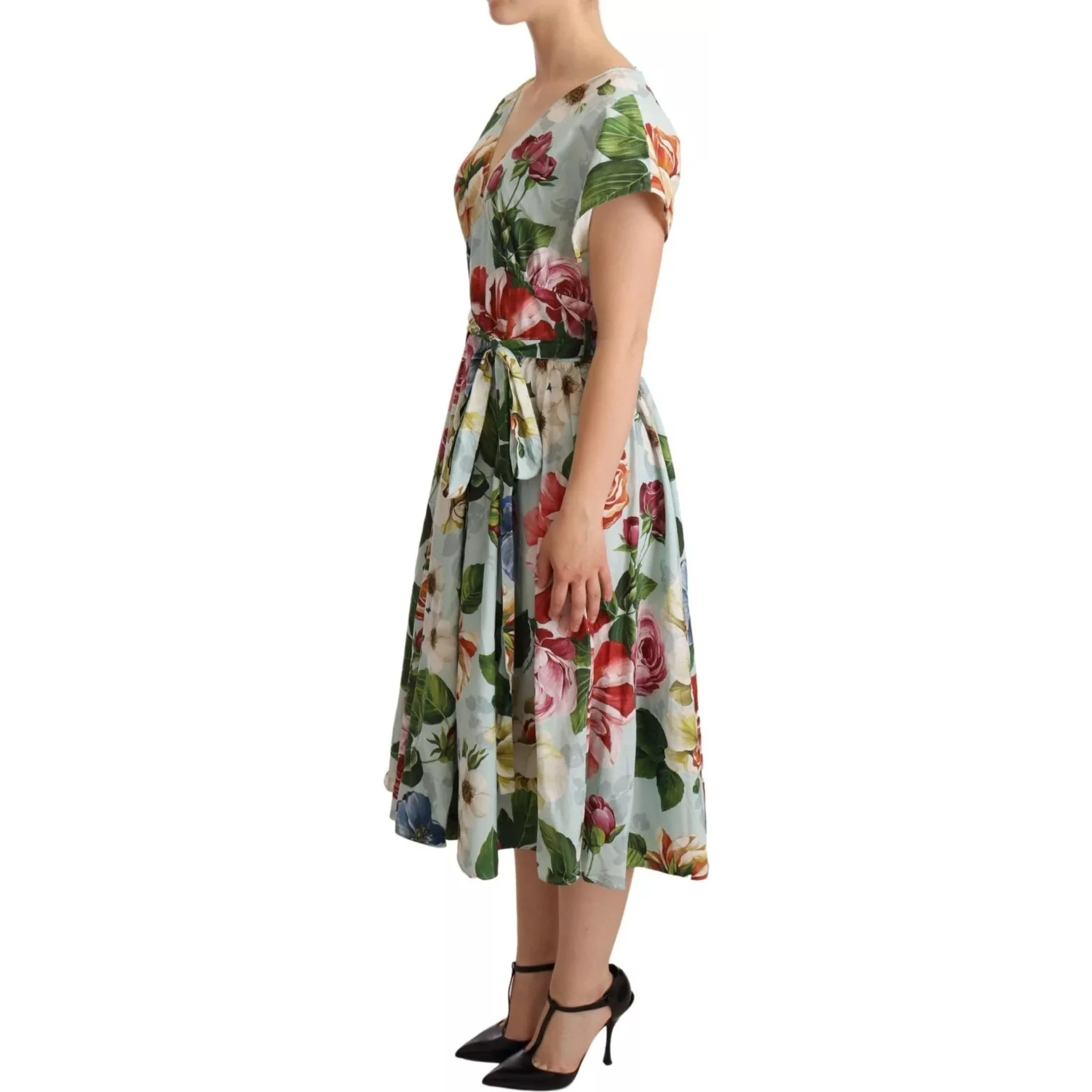 Green Floral Short Sleeves Cotton V-neck Dress
