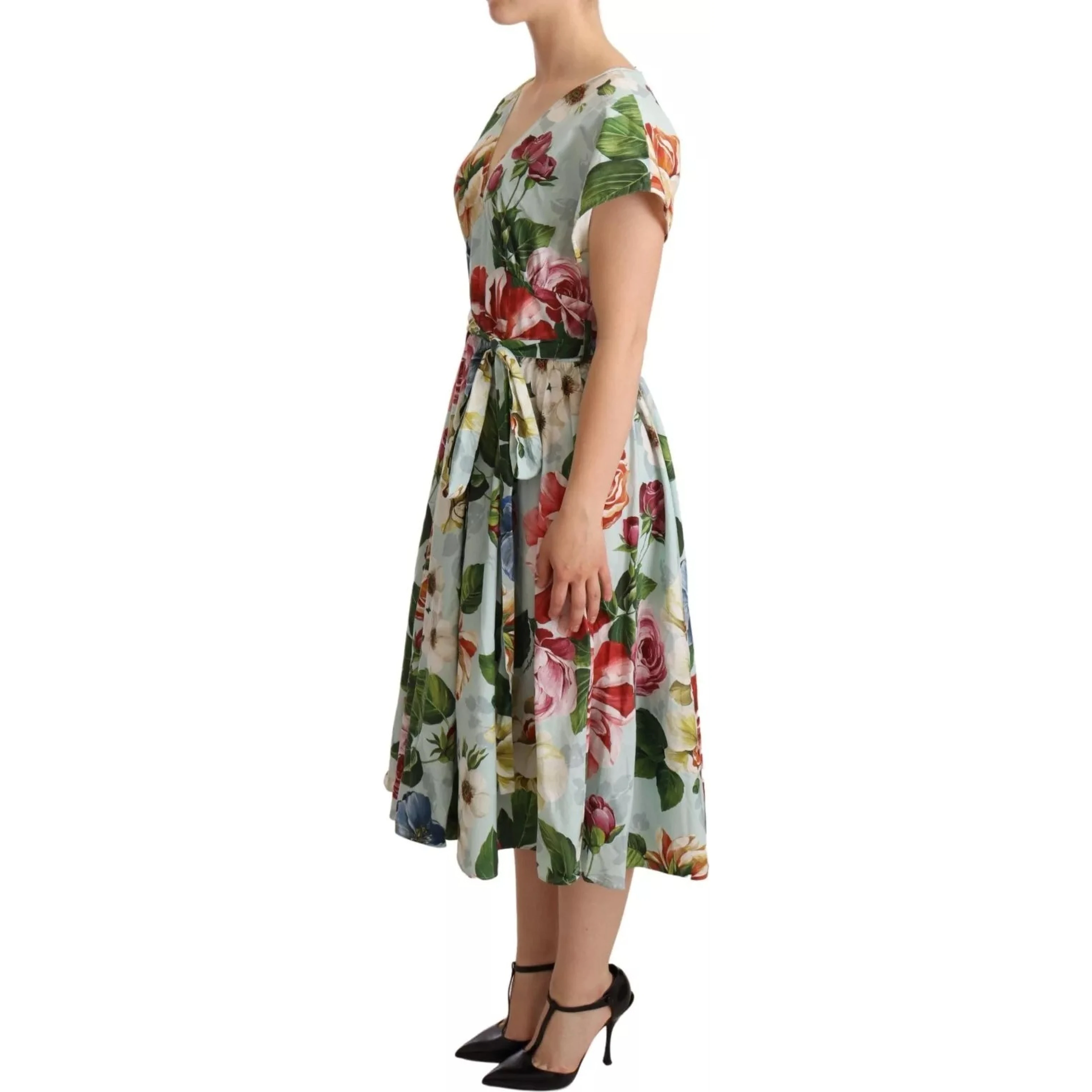 Green Floral Short Sleeves Cotton V-neck Dress