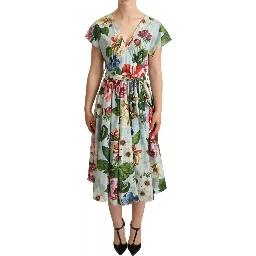 Green Floral Short Sleeves Cotton V-neck Dress
