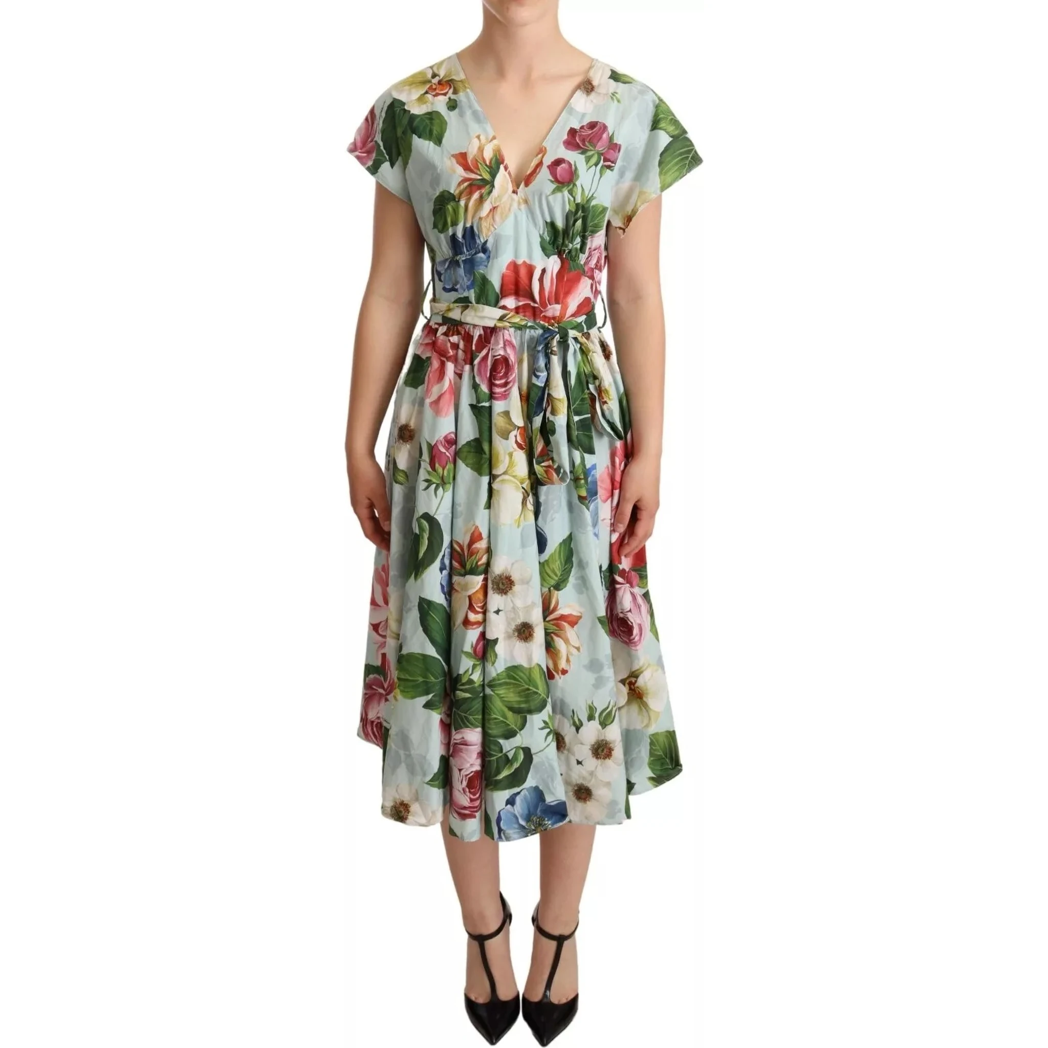 Green Floral Short Sleeves Cotton V-neck Dress