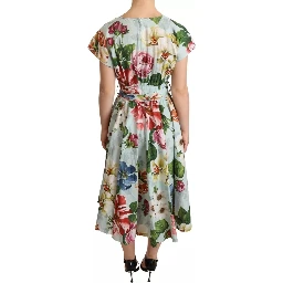 Green Floral Short Sleeves Cotton V-neck Dress
