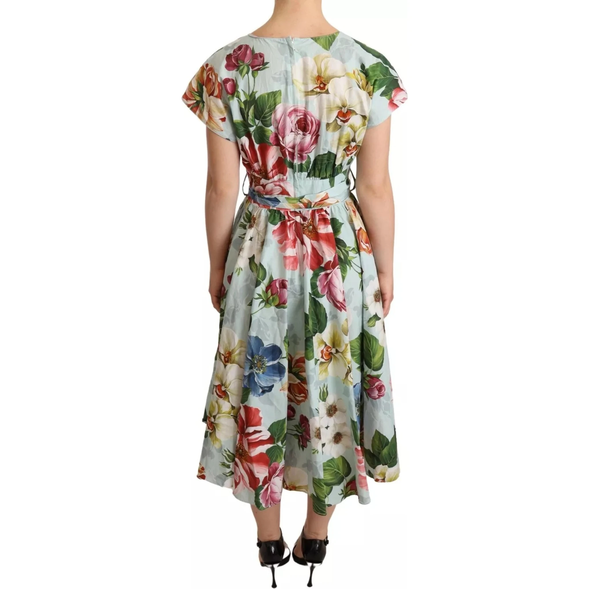Green Floral Short Sleeves Cotton V-neck Dress