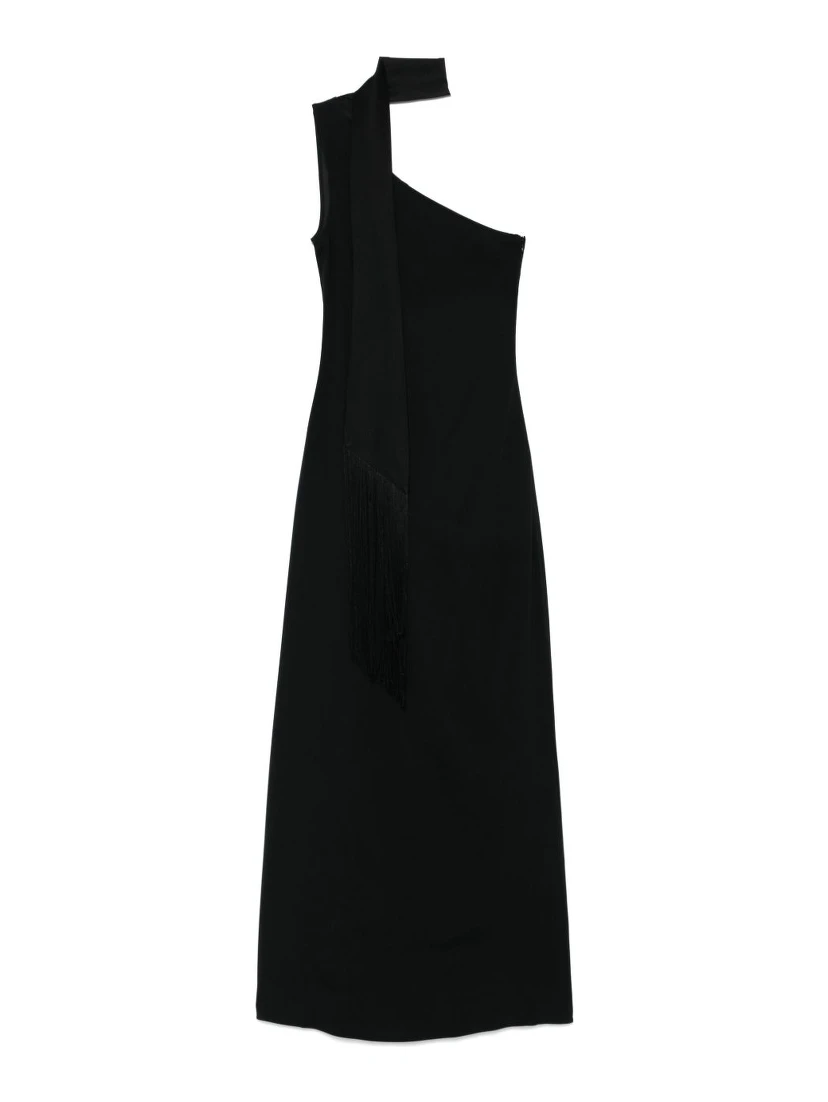 Fringe Detail One-shoulder Maxi Dress In Black