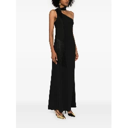 Fringe Detail One-shoulder Maxi Dress In Black