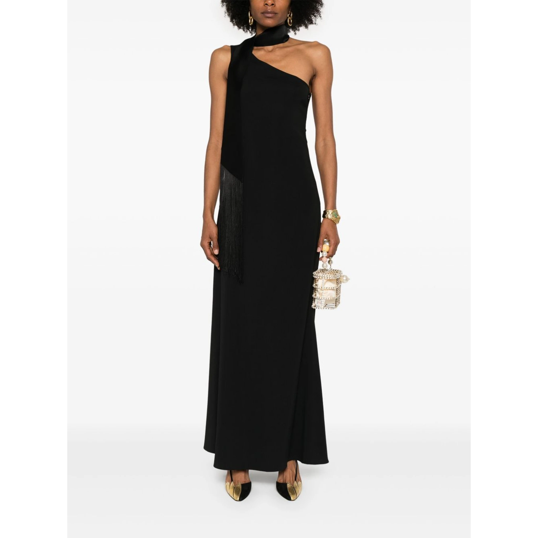 Fringe Detail One-shoulder Maxi Dress In Black