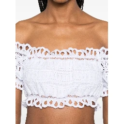 Lace Cotton Cropped Top With Off-the-shoulder Design In White