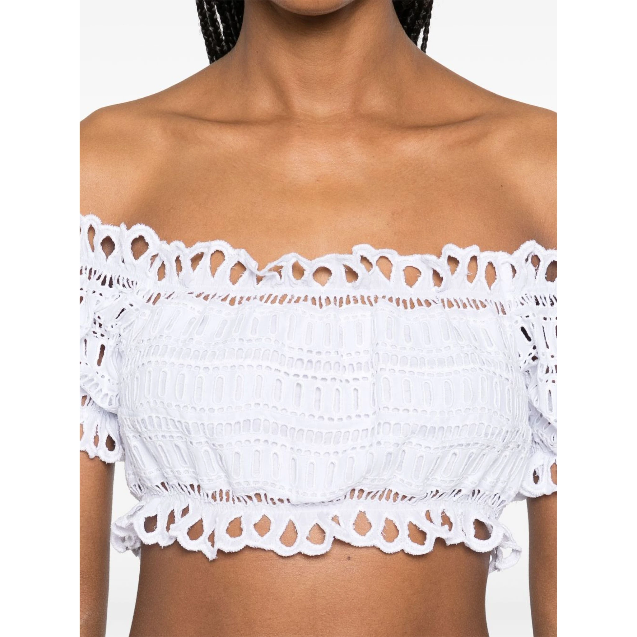 Lace Cotton Cropped Top With Off-the-shoulder Design In White