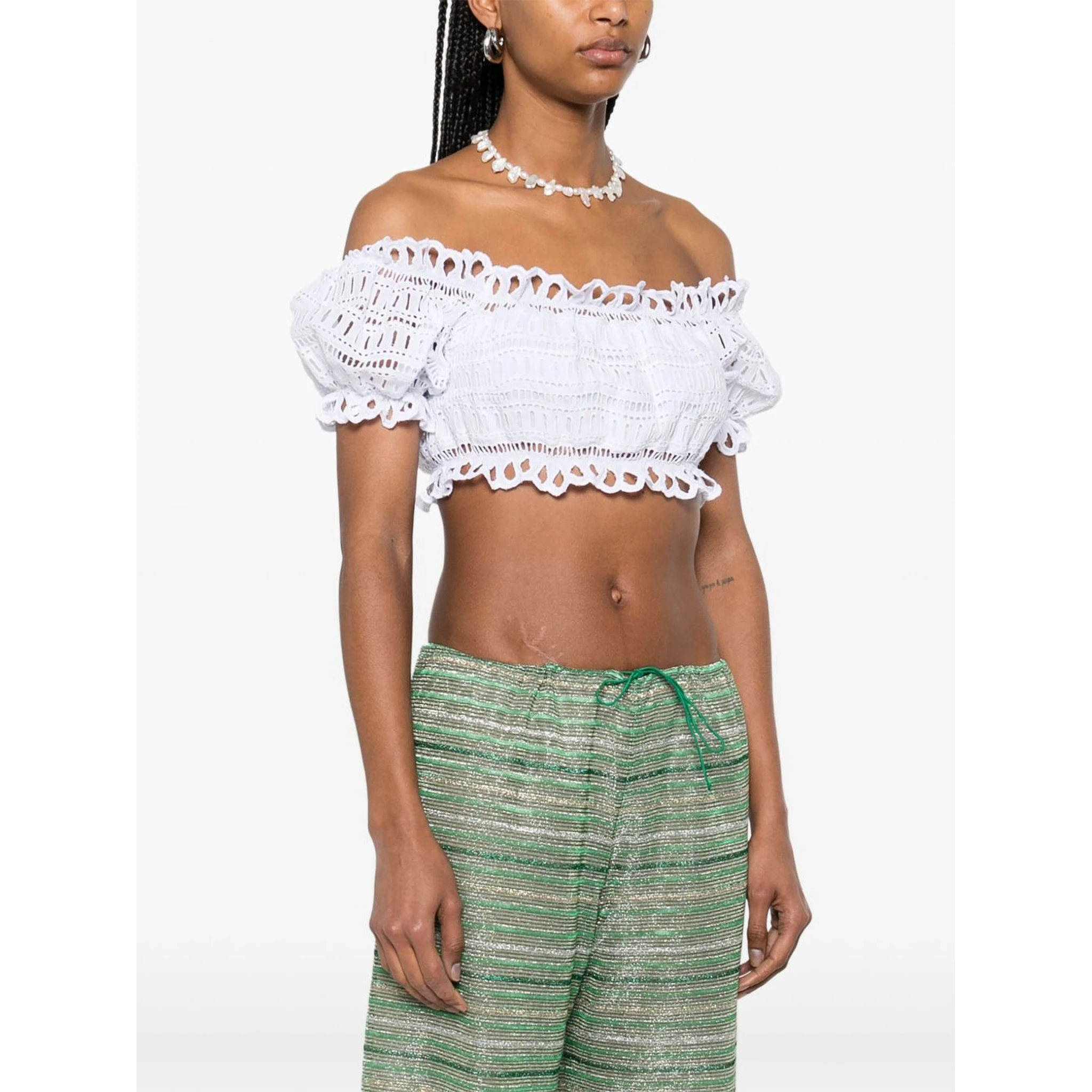 Lace Cotton Cropped Top With Off-the-shoulder Design In White