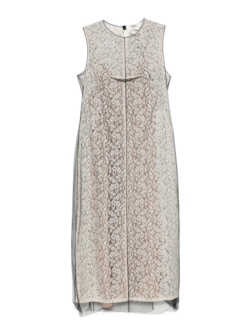 Beige Floral-lace Midi Dress