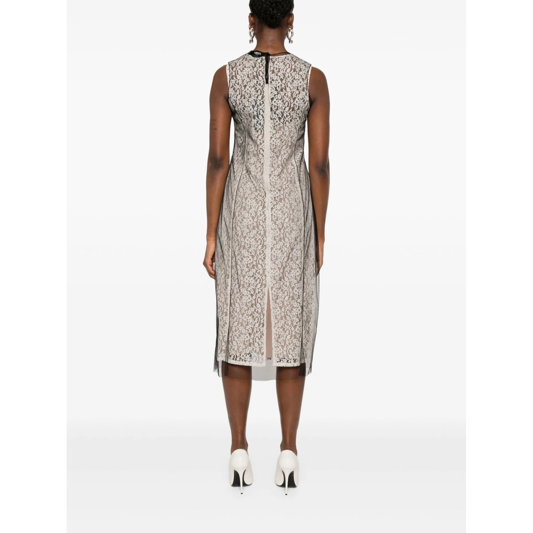 Beige Floral-lace Midi Dress