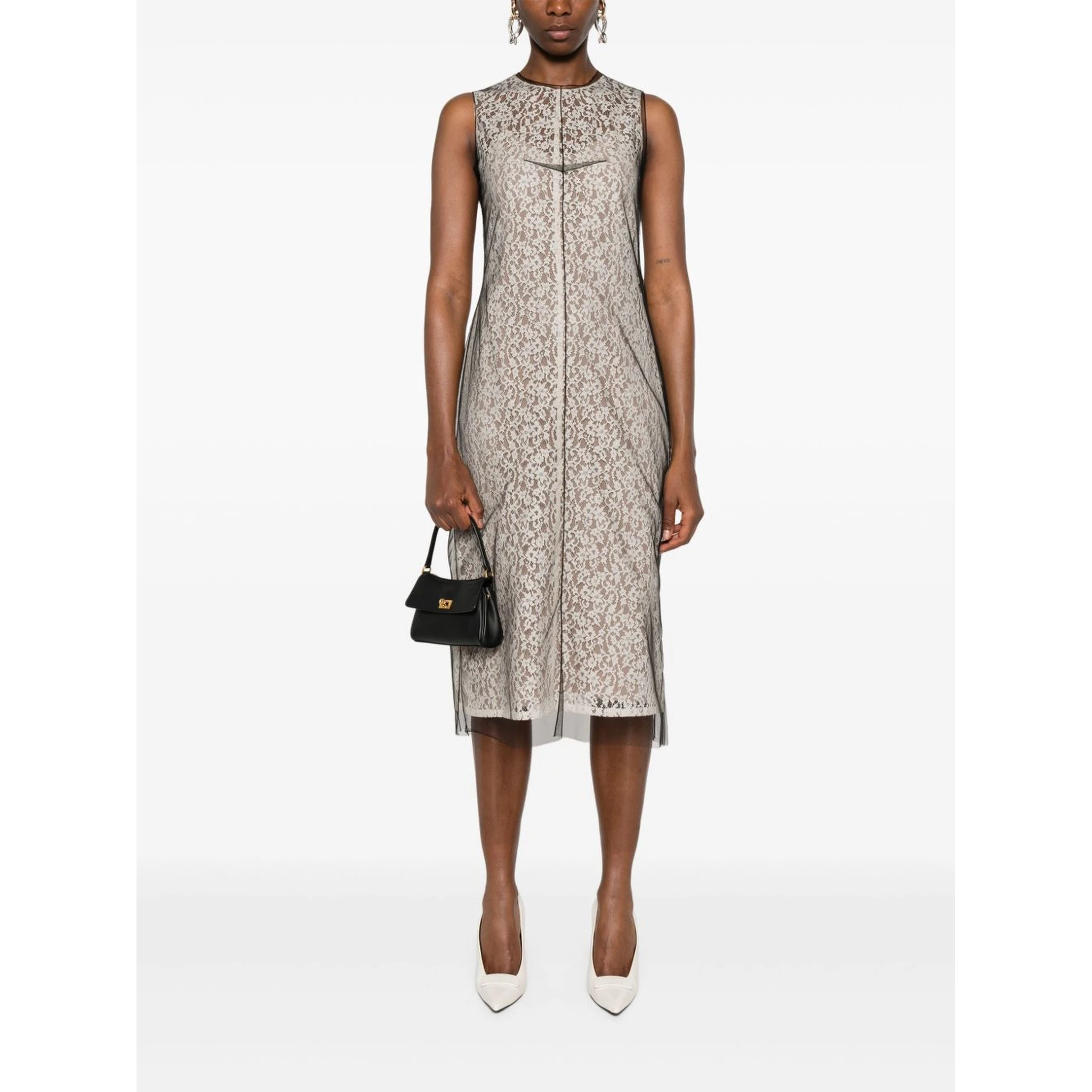 Beige Floral-lace Midi Dress