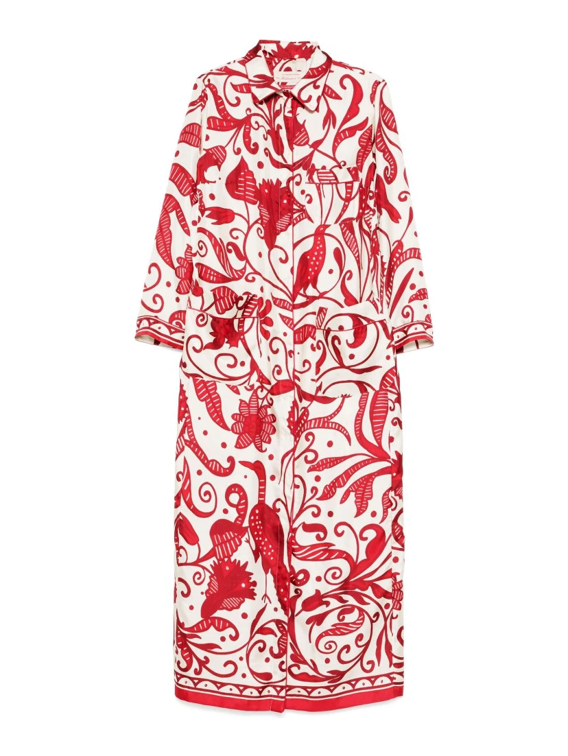 Printed Silk Long Shirtdress In Red