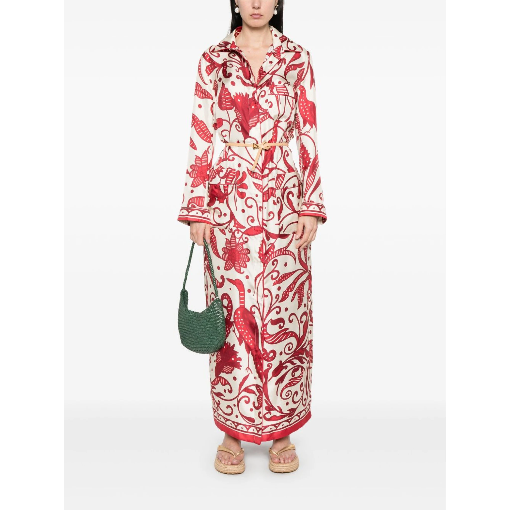 Printed Silk Long Shirtdress In Red