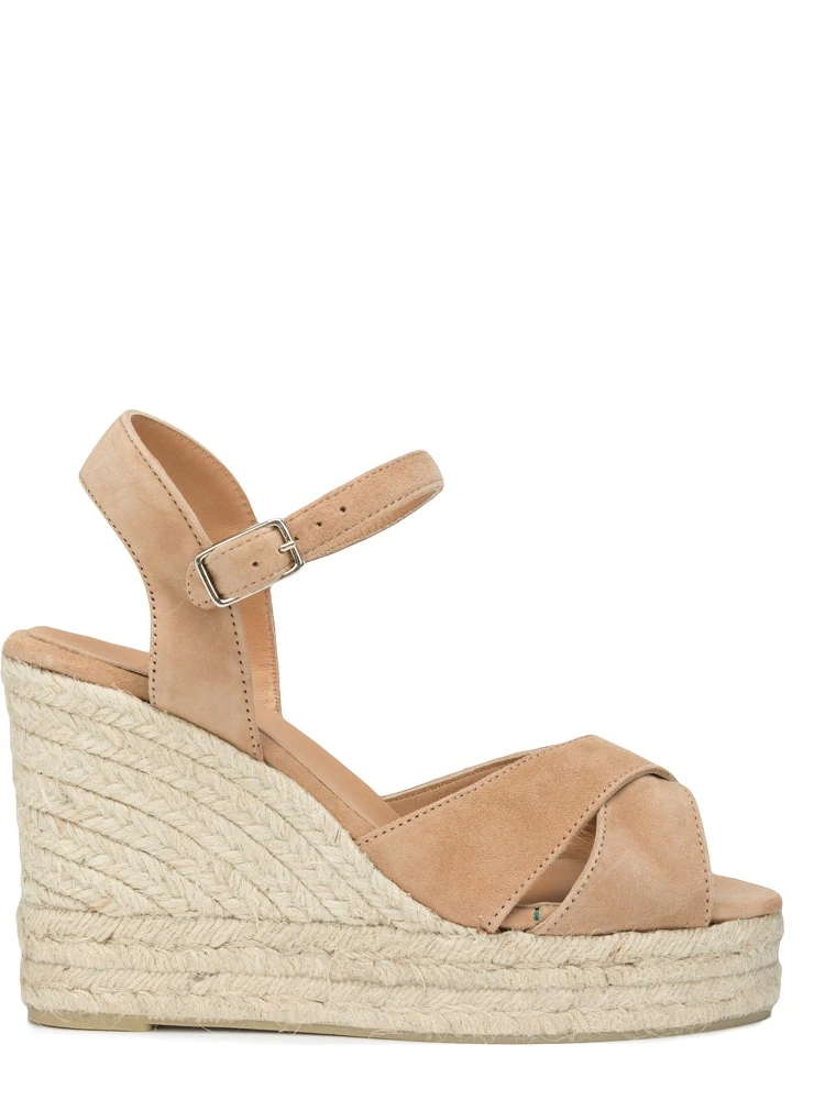 Suede Leather Wedge Espadrilles With Raffia Platform In Multi