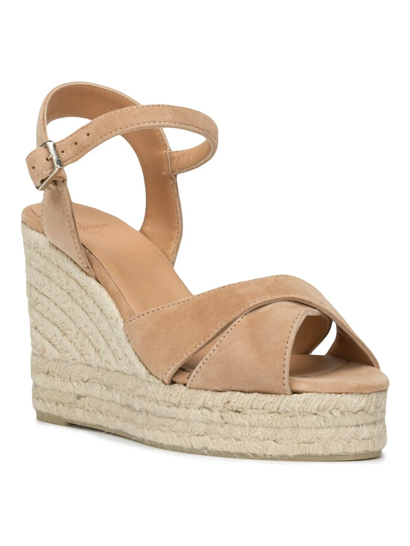 Suede Leather Wedge Espadrilles With Raffia Platform In Multi