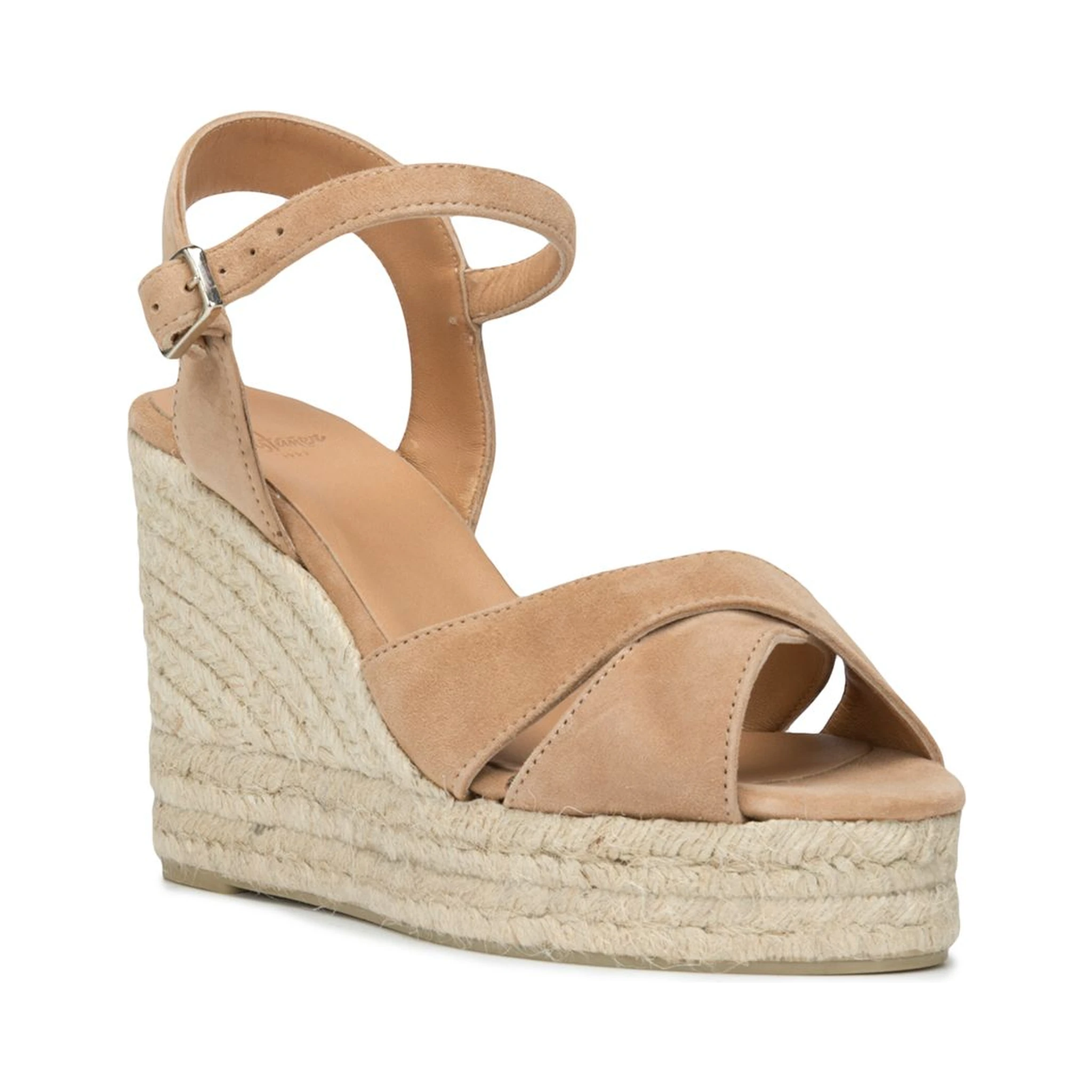Suede Leather Wedge Espadrilles With Raffia Platform In Multi