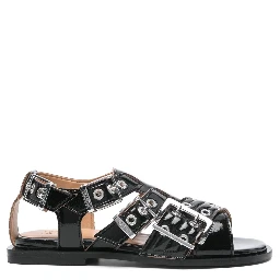 Ganni Buckle Sandals With Flat Sole And Metal Eyelets In Black