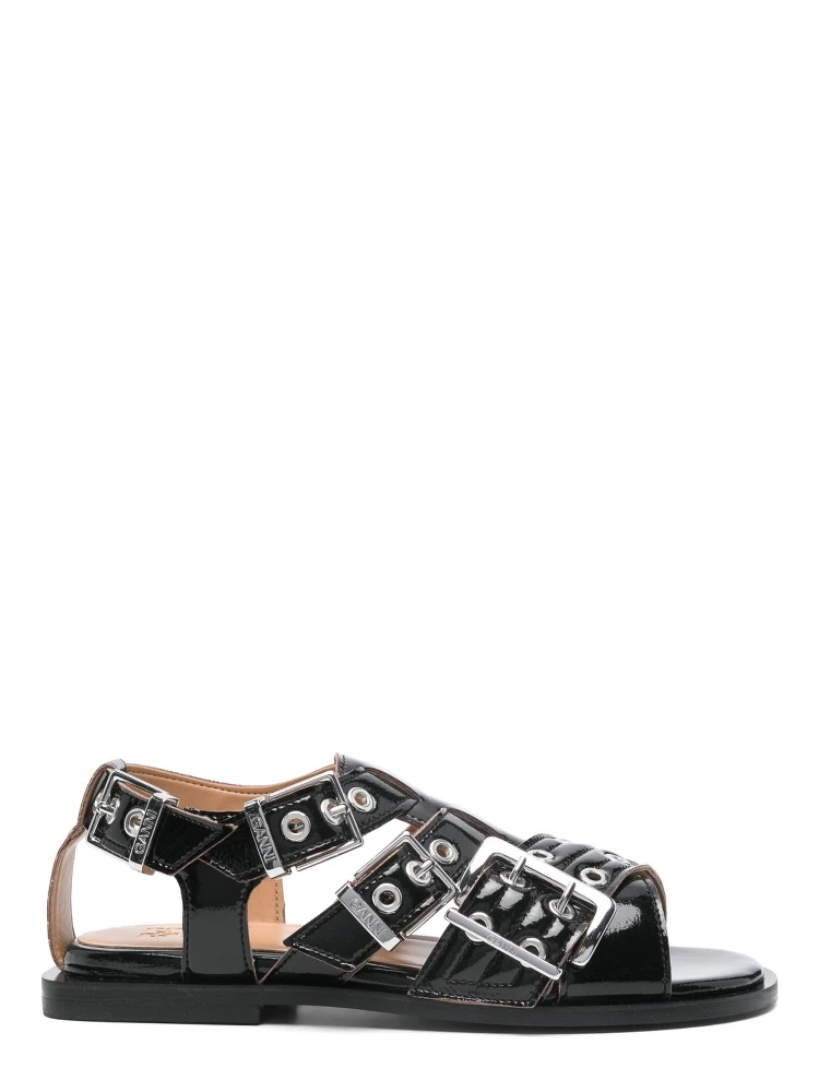 Ganni Buckle Sandals With Flat Sole And Metal Eyelets In Black