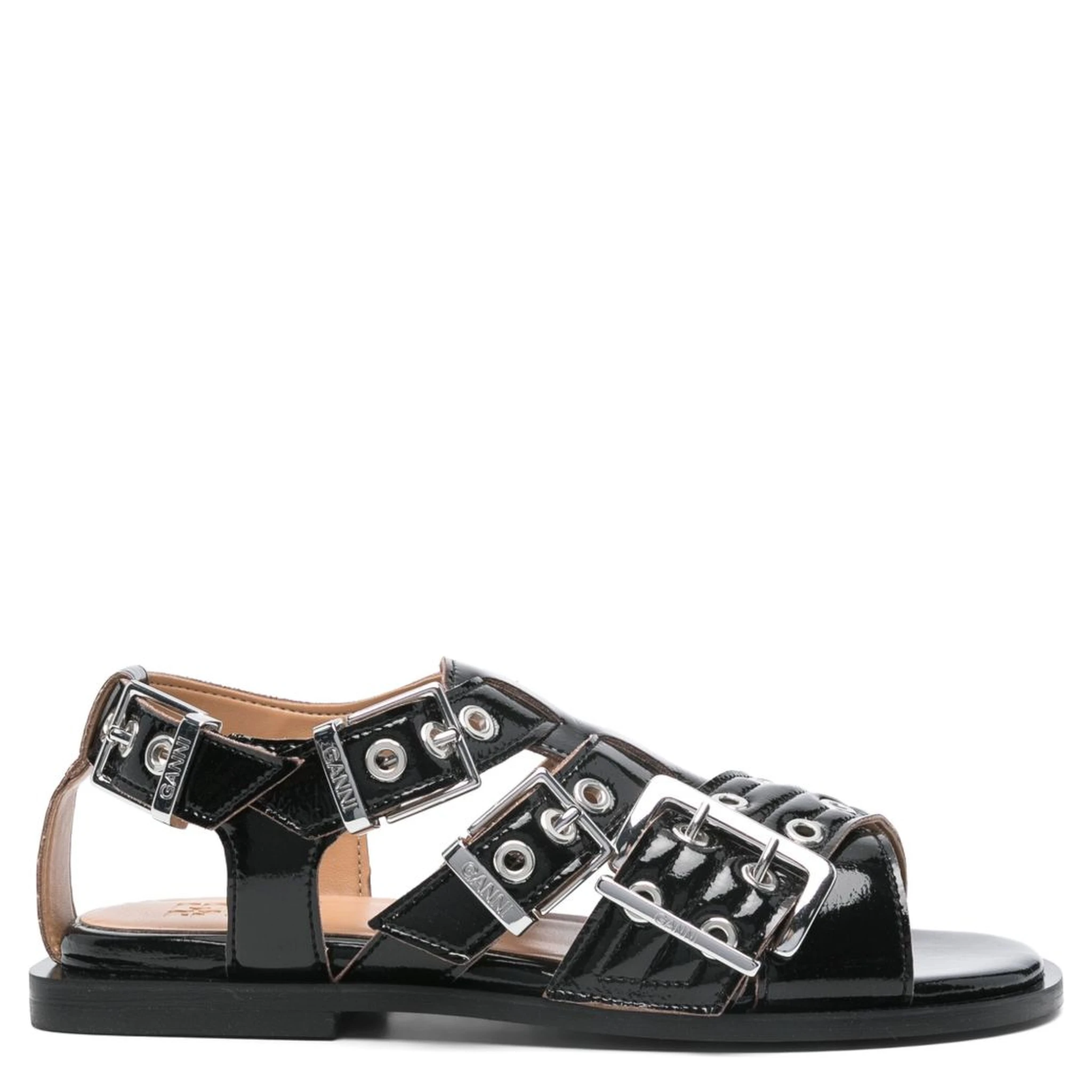 Ganni Buckle Sandals With Flat Sole And Metal Eyelets In Black