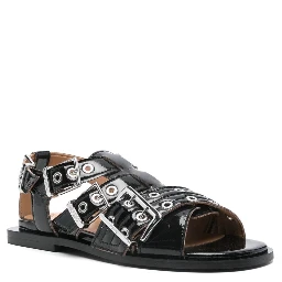 Ganni Buckle Sandals With Flat Sole And Metal Eyelets In Black