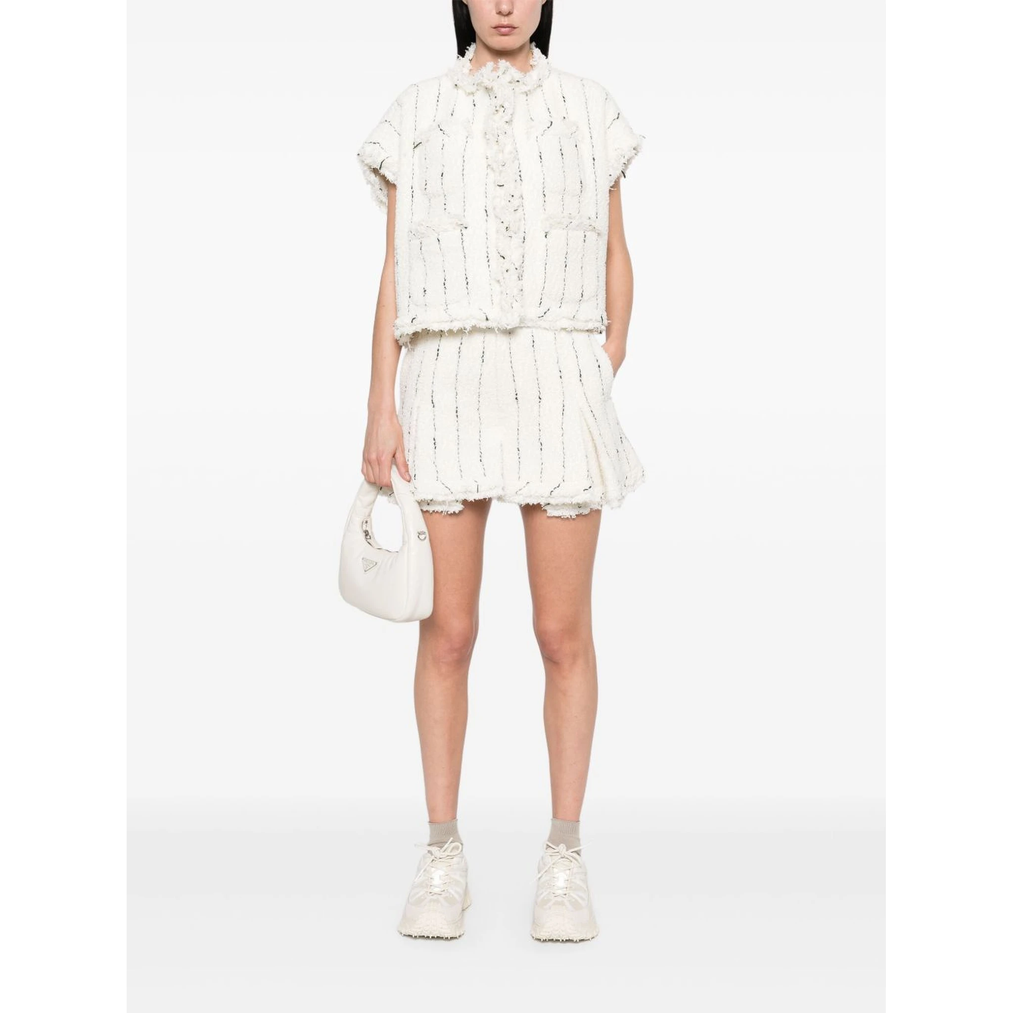 Sacai Striped Tweed Shorts Button Detailing In White