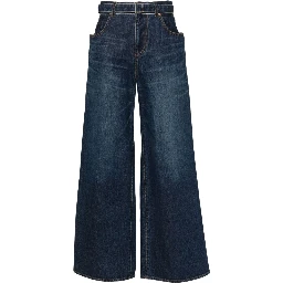 Belted Mid Rise Denim Wide Jeans In Blue