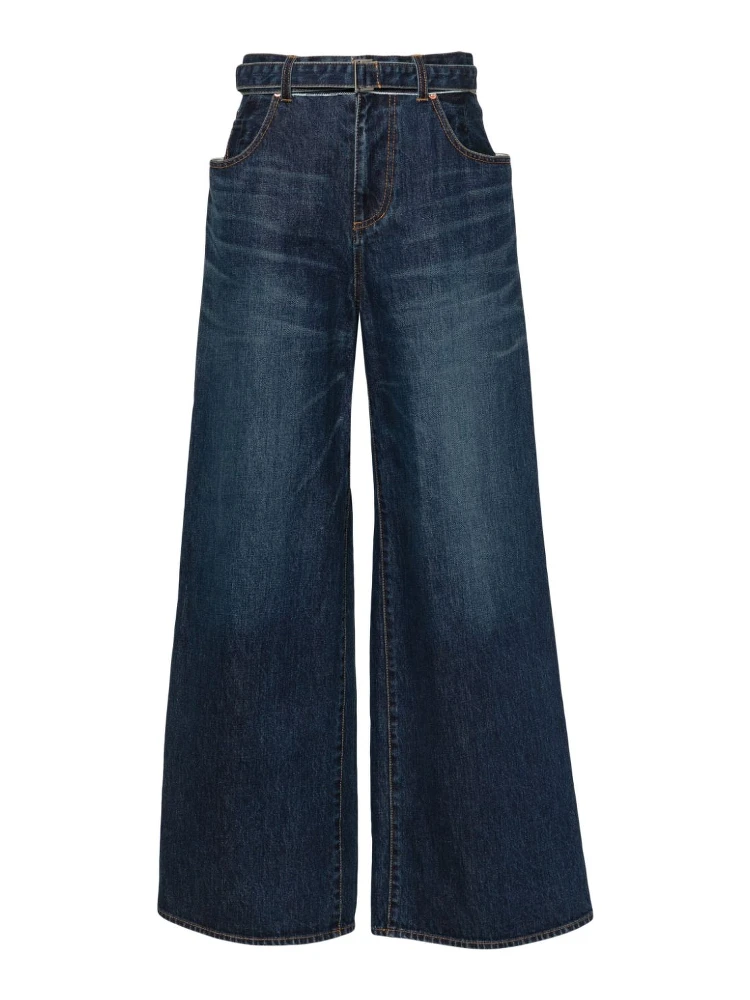Belted Mid Rise Denim Wide Jeans In Blue