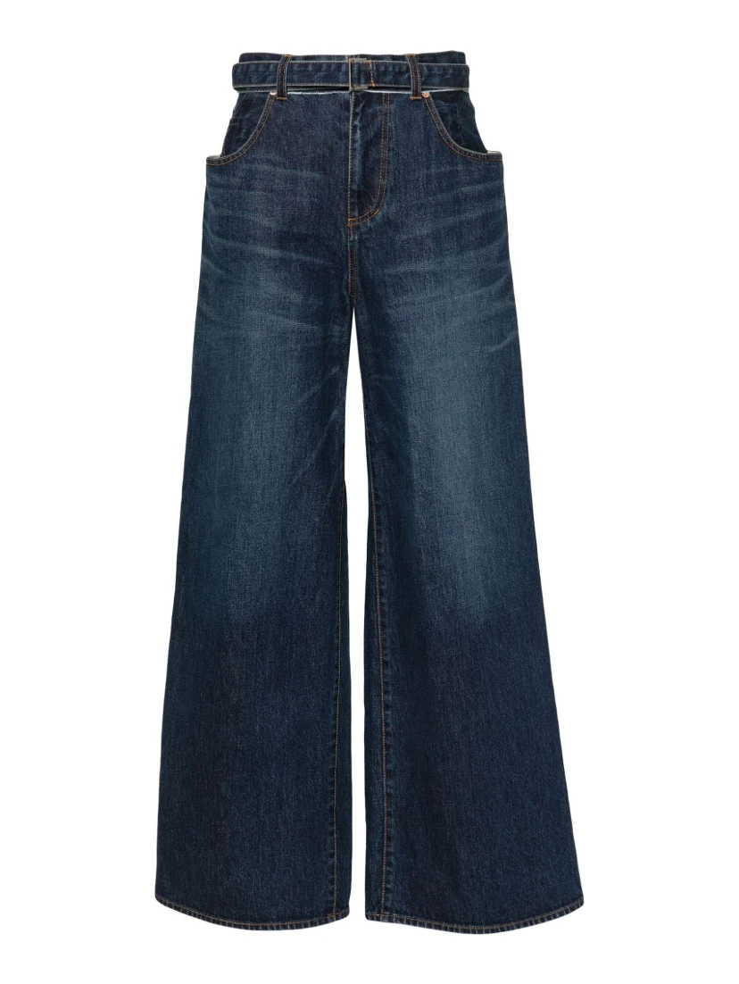 Belted Mid Rise Denim Wide Jeans In Blue