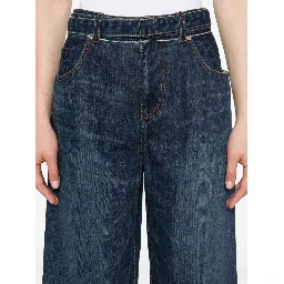 Belted Mid Rise Denim Wide Jeans In Blue