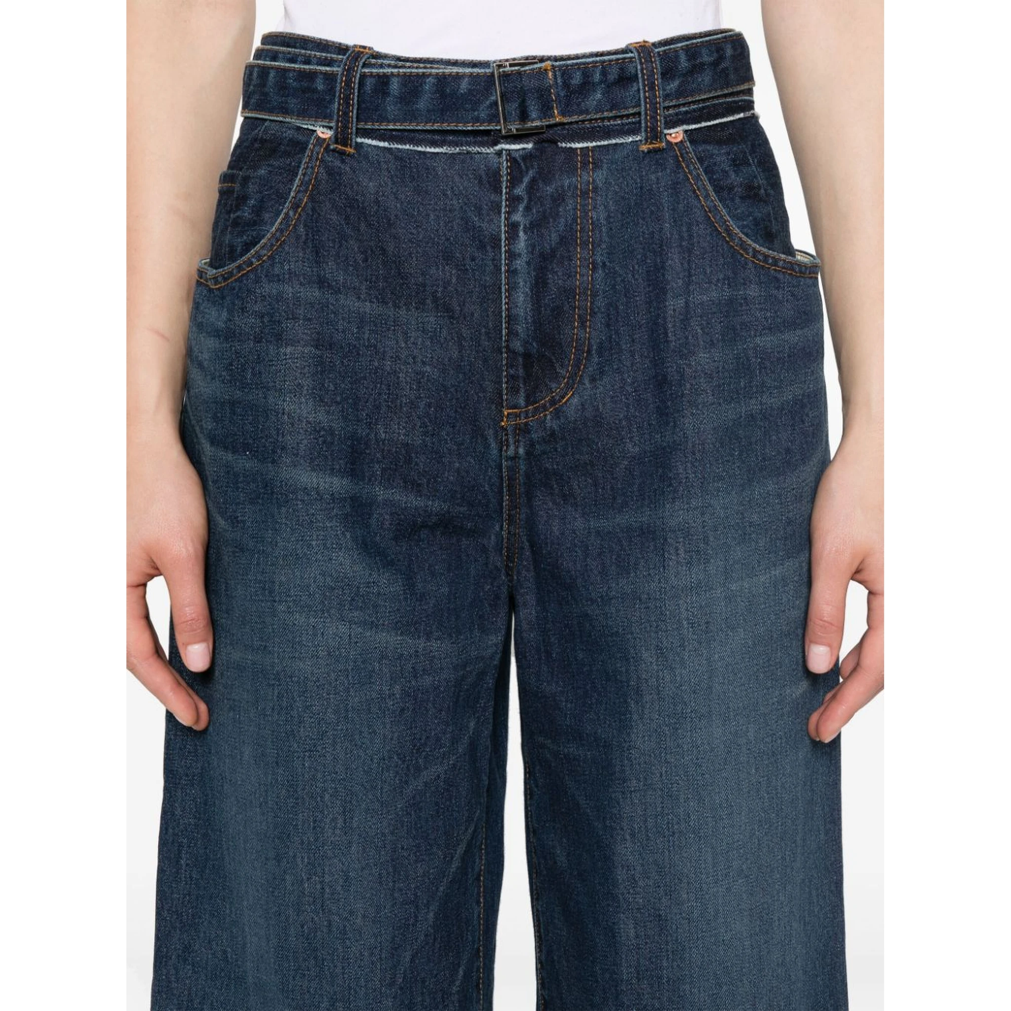 Belted Mid Rise Denim Wide Jeans In Blue