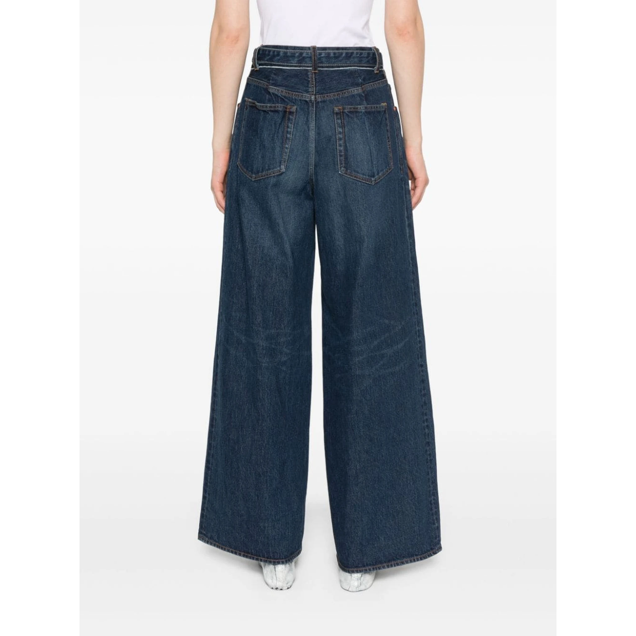 Belted Mid Rise Denim Wide Jeans In Blue