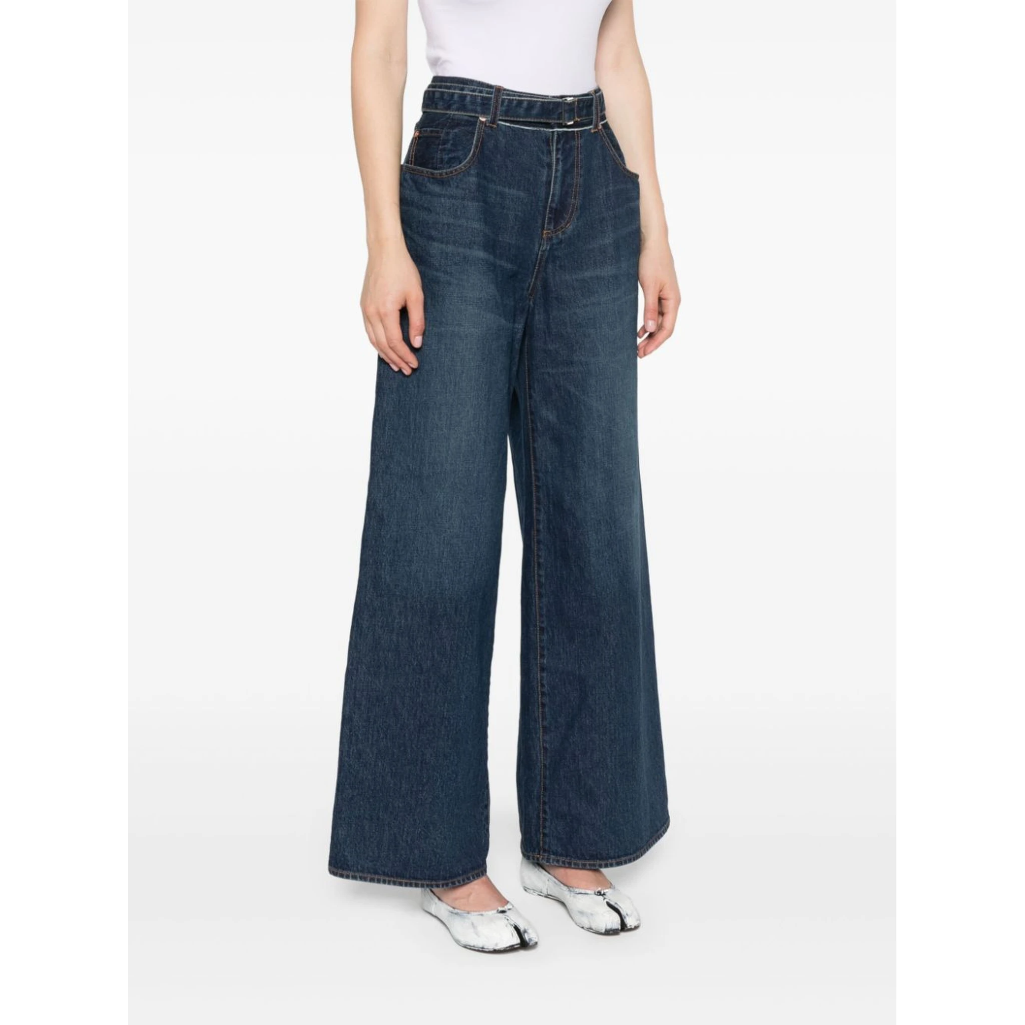 Belted Mid Rise Denim Wide Jeans In Blue