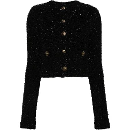 Women's Black Cotton Blend Tweed Cropped Cardigan