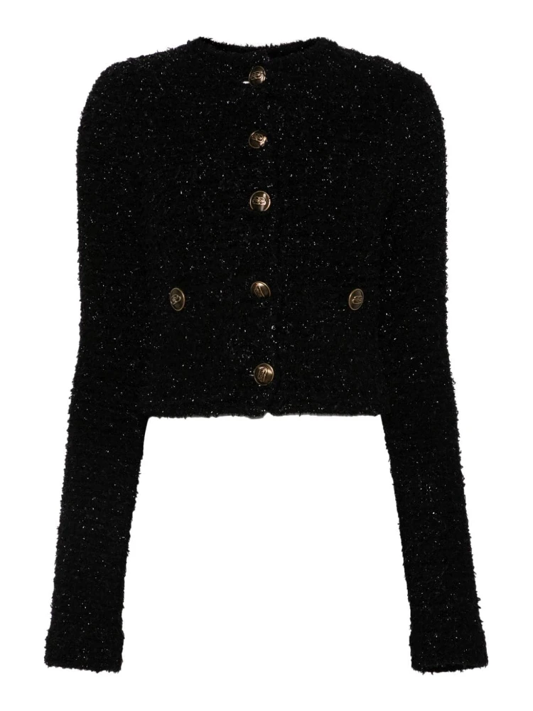 Women's Black Cotton Blend Tweed Cropped Cardigan