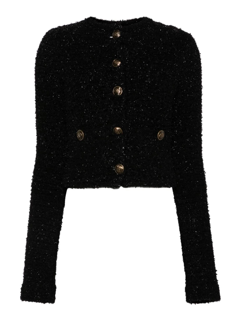 Women's Black Cotton Blend Tweed Cropped Cardigan