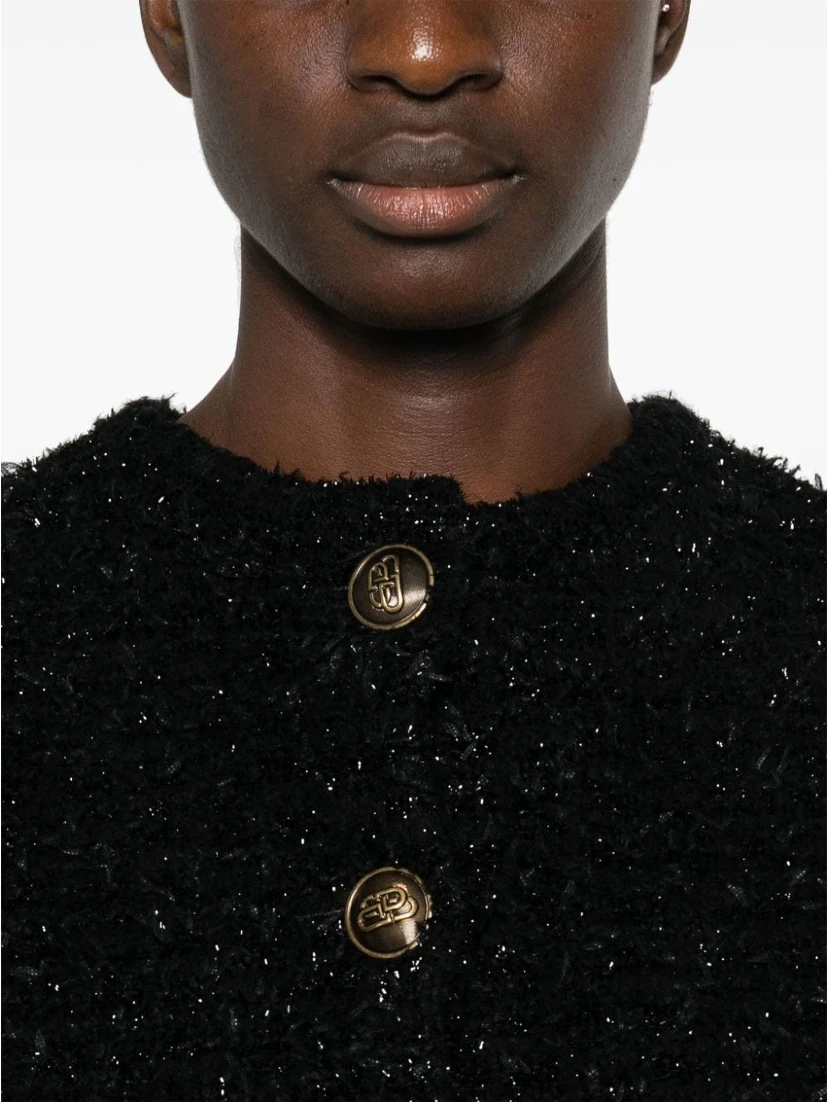 Women's Black Cotton Blend Tweed Cropped Cardigan