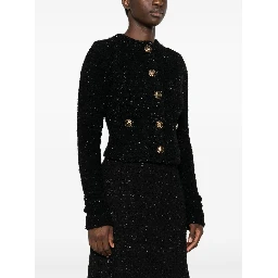 Women's Black Cotton Blend Tweed Cropped Cardigan