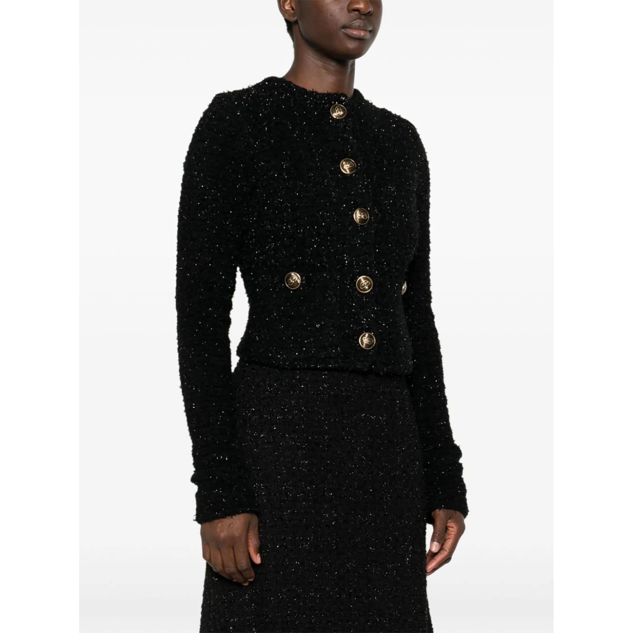 Women's Black Cotton Blend Tweed Cropped Cardigan