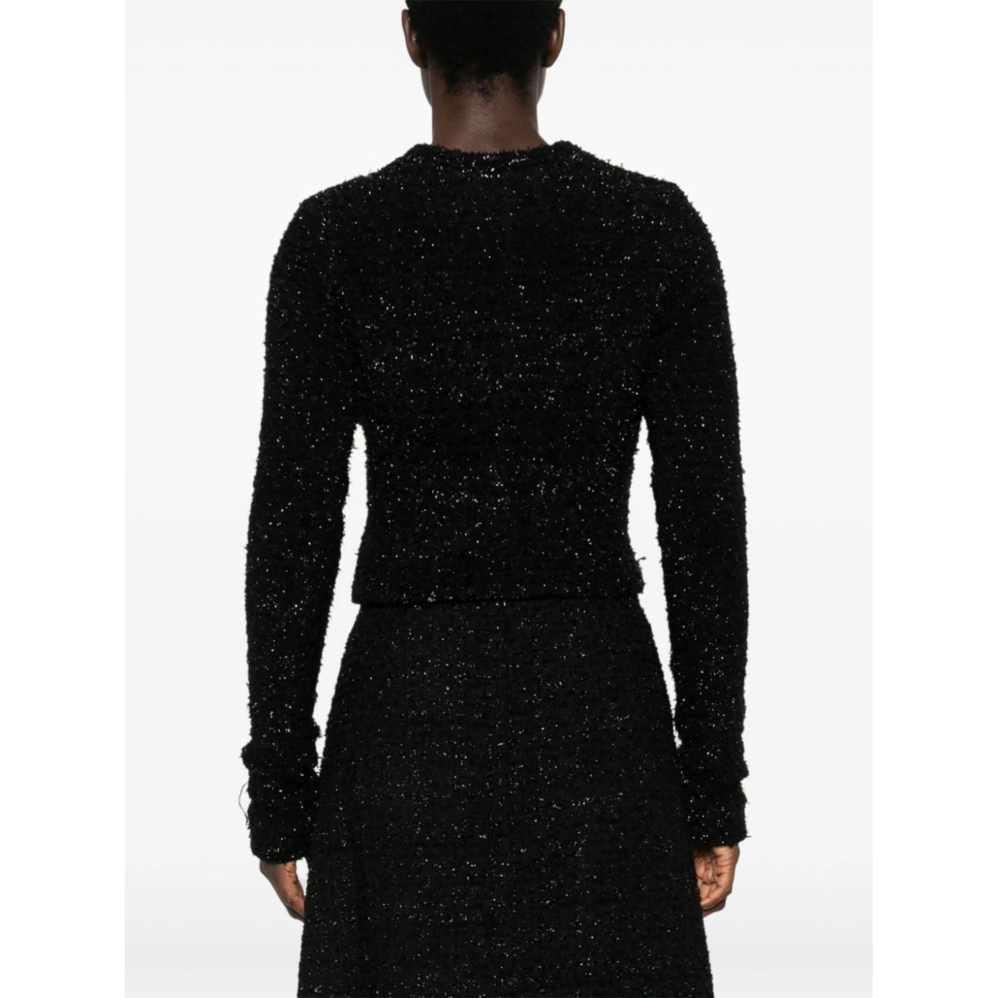 Women's Black Cotton Blend Tweed Cropped Cardigan