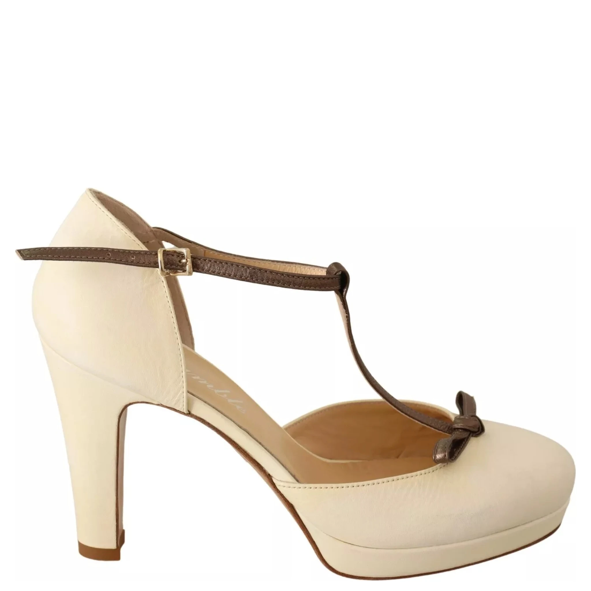 Beige T-Strap Block Heels Pumps Leather Shoes