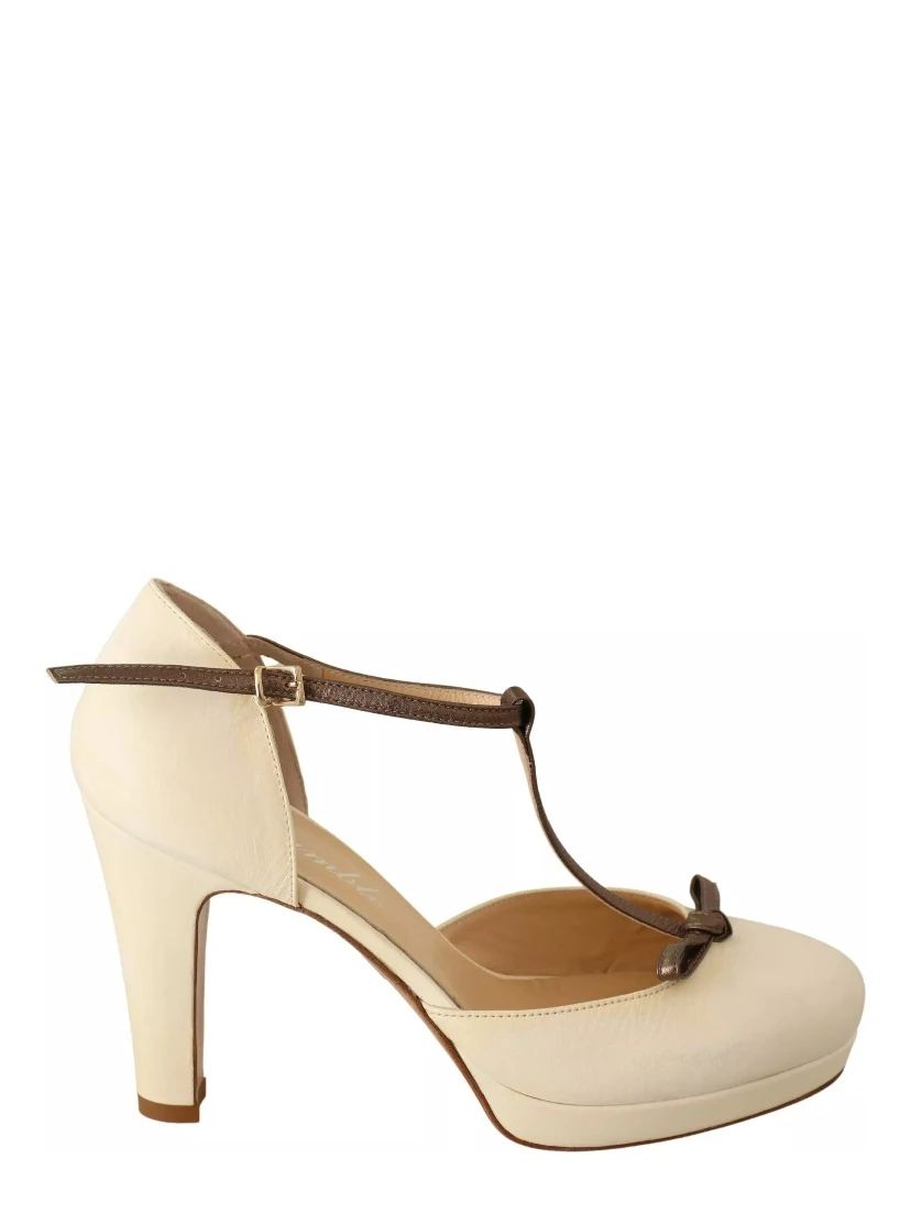Beige T-Strap Block Heels Pumps Leather Shoes