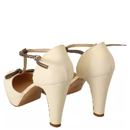 Beige T-Strap Block Heels Pumps Leather Shoes