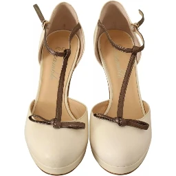 Beige T-Strap Block Heels Pumps Leather Shoes