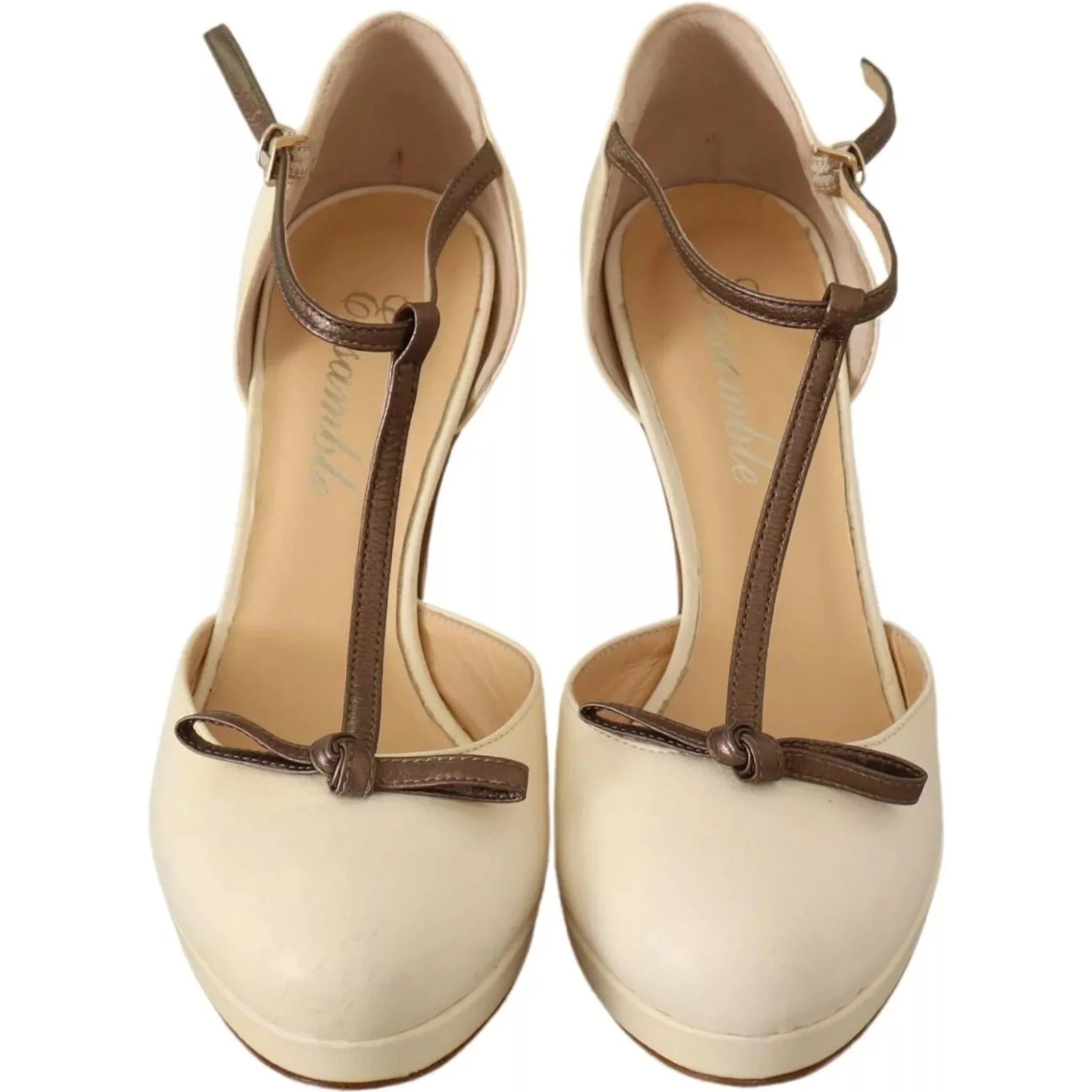 Beige T-Strap Block Heels Pumps Leather Shoes