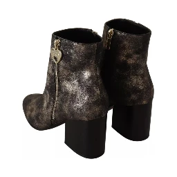 Black Leather Block Heels Ankle Boots Zipper Shoes