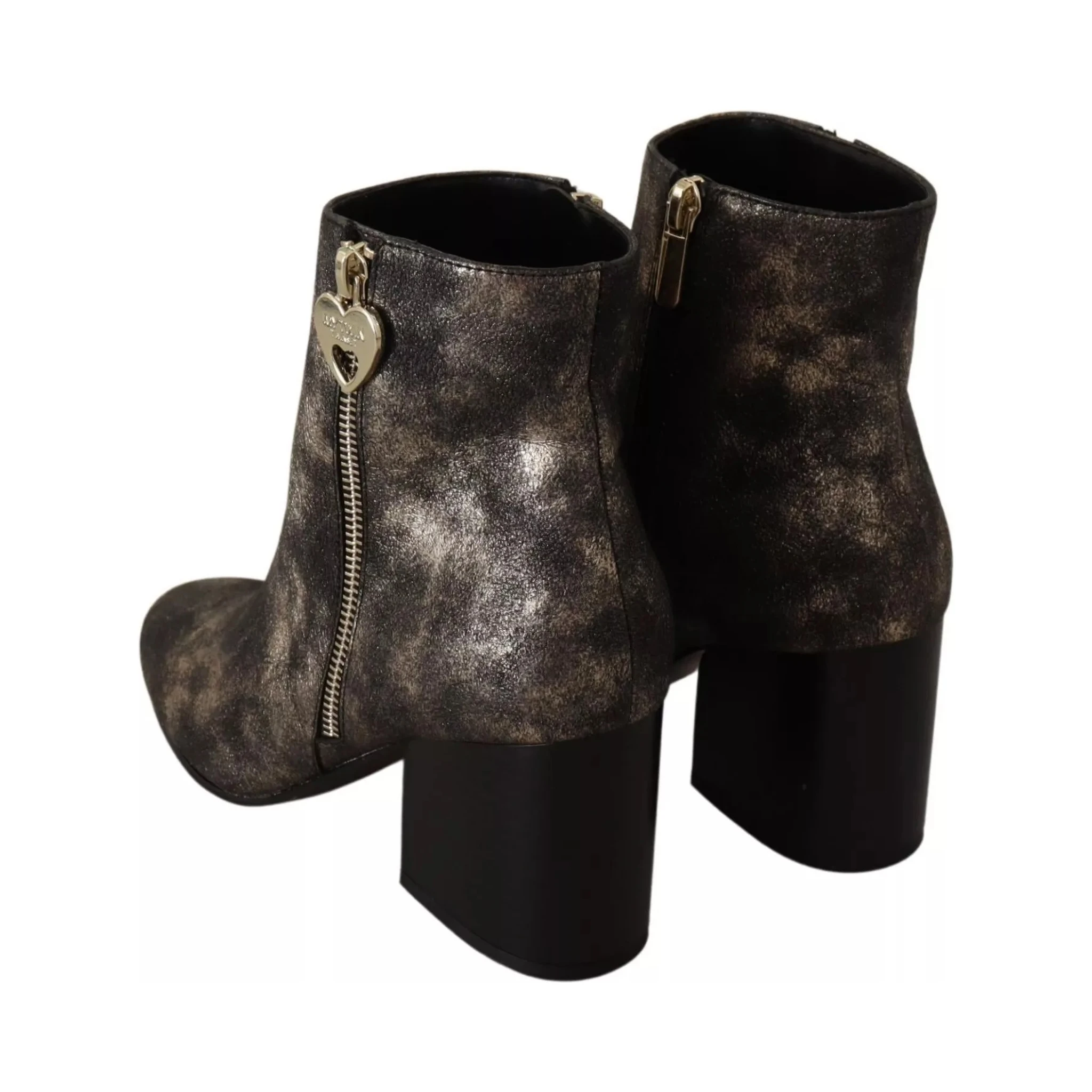 Black Leather Block Heels Ankle Boots Zipper Shoes