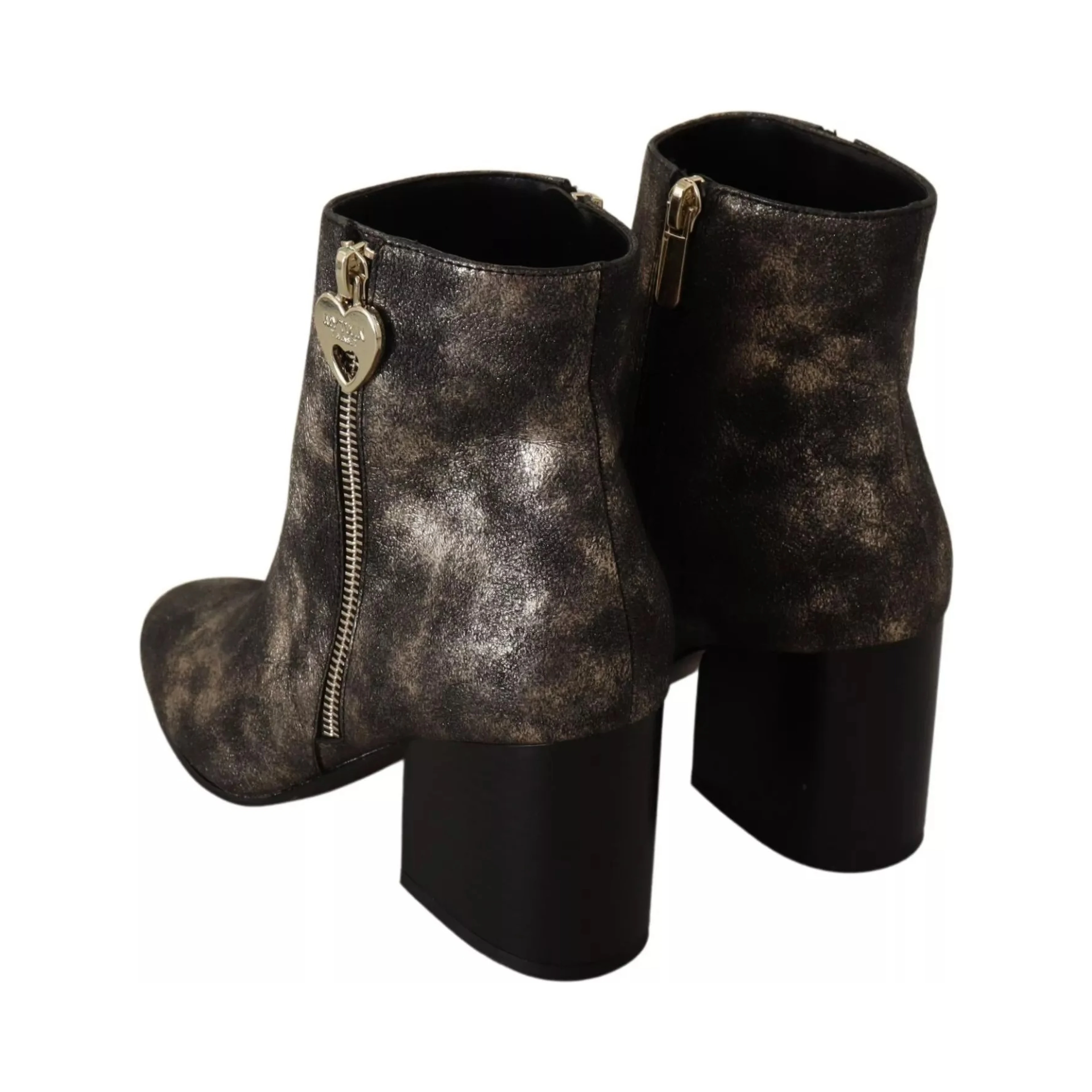 Black Leather Block Heels Ankle Boots Zipper Shoes