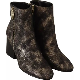 Black Leather Block Heels Ankle Boots Zipper Shoes